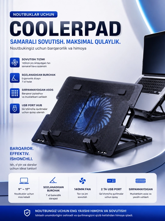 CoolerPad 9-17" noutbukni sovutish uchun taglik, USB, sozlanadigan, ventilyatorli - 