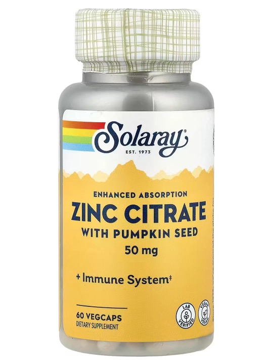 Sink sitrati, Solaray, 50 mg, oshqovoq urug‘lari bilan, 60 kapsula