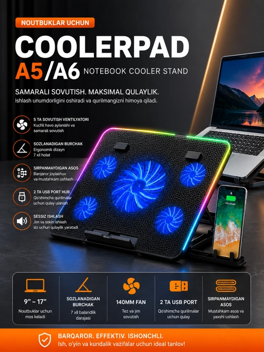 A5/A6 CoolerPad Noutbuk Sovutish Stendi – 5 Ventilyatorli, RGB, USB, 9–17 Dyuym - 