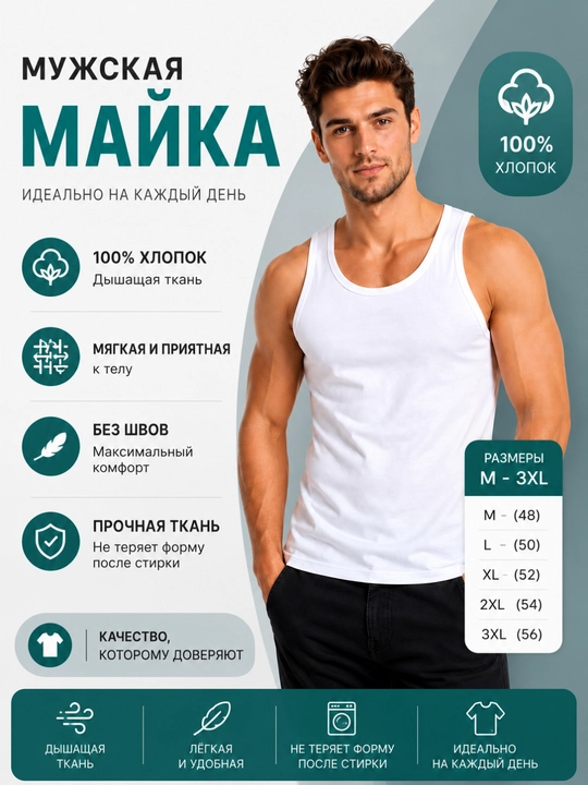 Erkaklar uchun klassik oppoq mayka, 100% paxta, nafas oluvchi mato - 