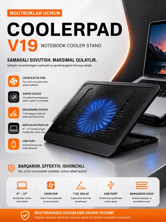 Taffware Notebook Cooler Sovutish Stendi – 9–17" Noutbuklar Uchun USB Cooler Pad - 