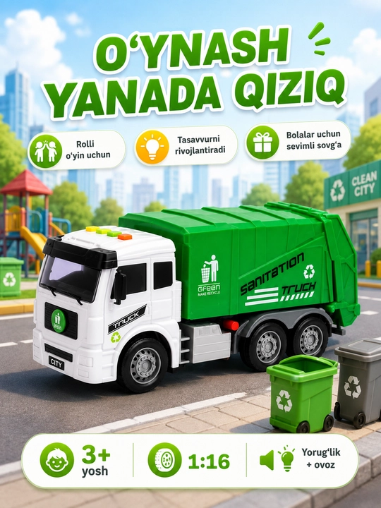 Bolalar uchun maxsus o‘yinchoq texnikasi 1:16, yorug‘lik va ovoz bilan, 3+ yoshdagilar uchun
