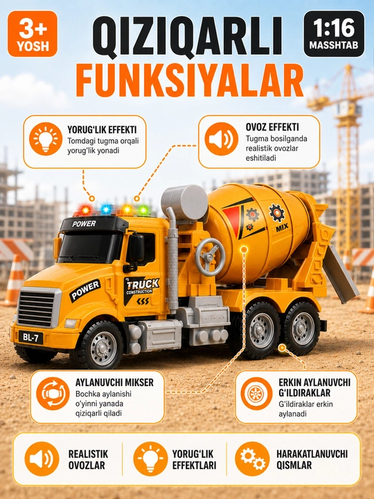 Bolalar uchun maxsus o‘yinchoq texnikasi 1:16, yorug‘lik va ovoz bilan, 3+ yoshdagilar uchun