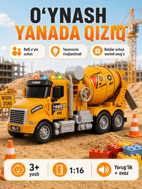 Bolalar uchun maxsus o‘yinchoq texnikasi 1:16, yorug‘lik va ovoz bilan, 3+ yoshdagilar uchun