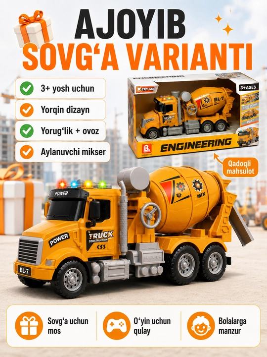 Bolalar uchun maxsus o‘yinchoq texnikasi 1:16, yorug‘lik va ovoz bilan, 3+ yoshdagilar uchun