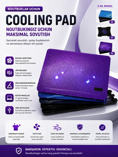 S1/S2/S3 Notebook Cooling Pad – 9–17" Noutbuklar Uchun USB Sovutish Stendi - 
