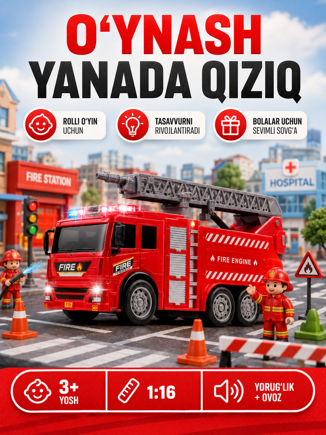 Bolalar uchun maxsus o‘yinchoq texnikasi 1:16, yorug‘lik va ovoz bilan, 3+ yoshdagilar uchun - 