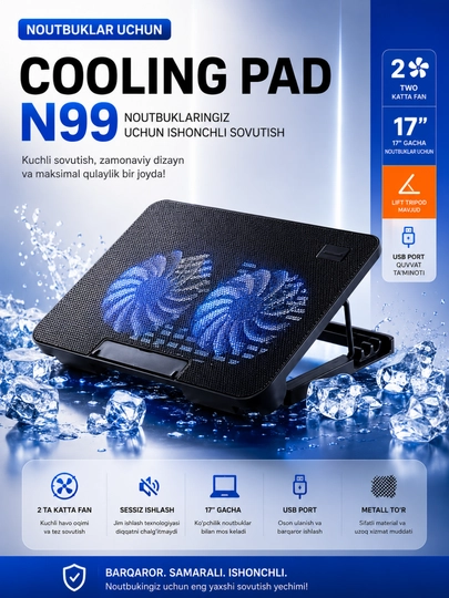 17 Dyuymgacha Noutbuklar Uchun USB Sovutgich Stend – 2 Ventilyatorli Cooling Pad - 
