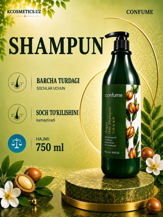 Barcha turdagi sochlar uchun organ moyi qo‘shilgan tiklovchi shampun, Confume Korea, 750 g - 