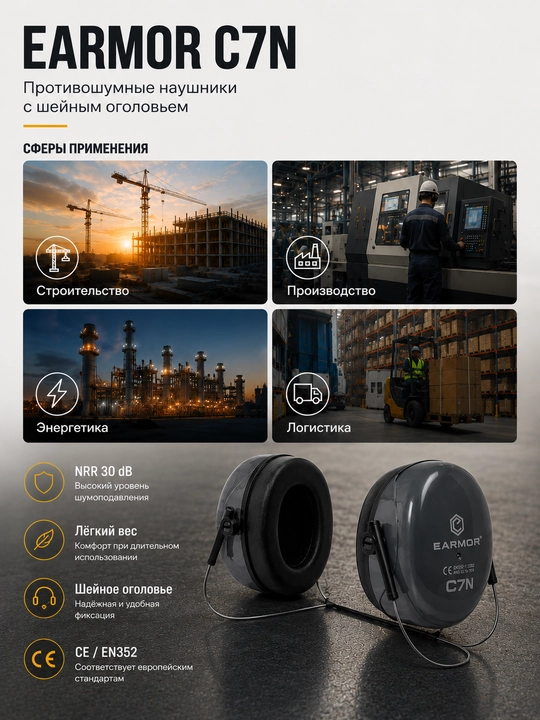 EARMOR C7N shovqinga qarshi naushniklari, eshitishni himoya qilish, NRR 30 dB
