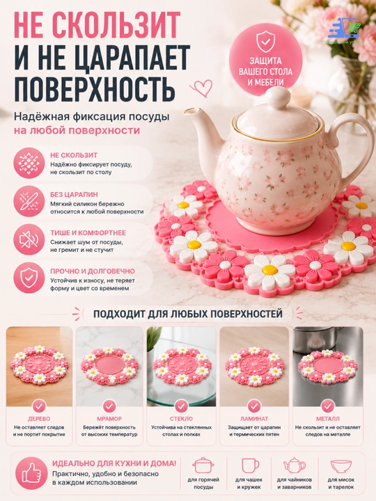 Силиконовая подставка под горячее «Ромашки», нескользящий термоковрик для кухни