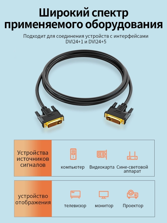 Кабель DVI-DVI высокого разрешения, чёрный, 1,5 метра
