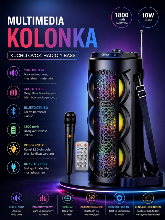 Bluetooth караоке-колонкаZQS4303 с микрофоном, RGB LED и пультом дистанционного управления - 