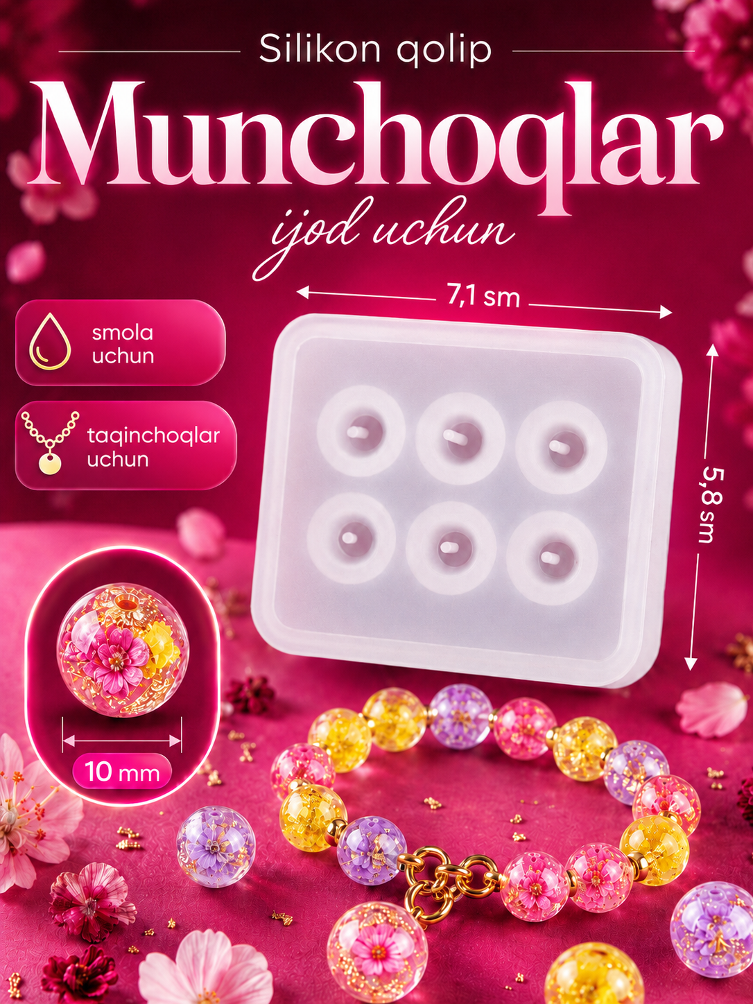 Silikon qolip Munchoqlar, tasbih bezaklar uchun qoliplar, mold 10, 12, 16 mm