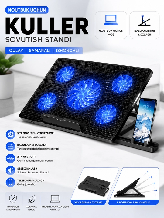 Noutbuk uchun sovutgich, LED yoritgichli sovutgich stendi, 5 parrakli
