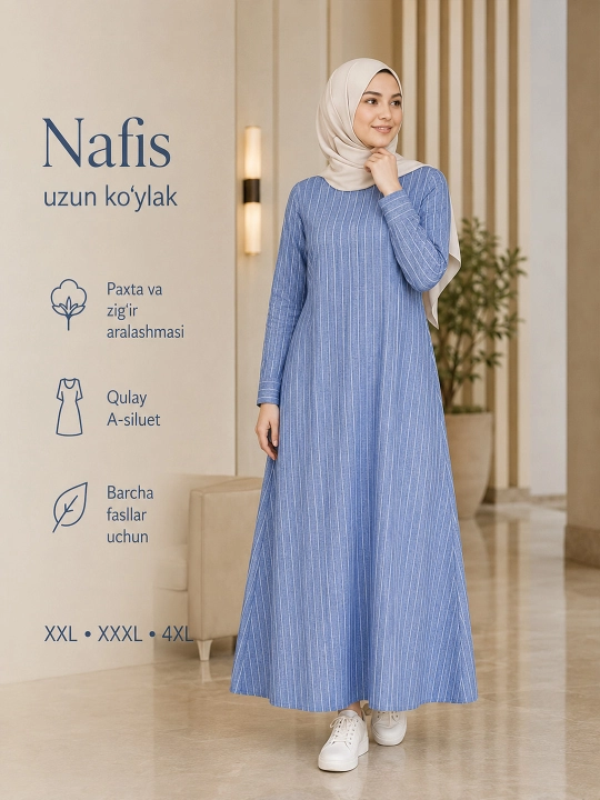 Paxta va zig'irdan tikilgan uzun yengli moda chiziqli ko'ylak