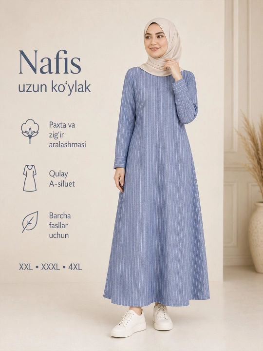 Paxta va zig'irdan tikilgan uzun yengli moda chiziqli ko'ylak