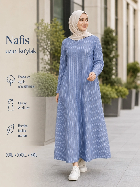 Paxta va zig'irdan tikilgan uzun yengli moda chiziqli ko'ylak