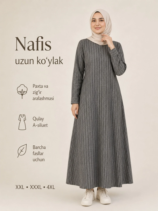 Paxta va zig'irdan tikilgan uzun yengli moda chiziqli ko'ylak