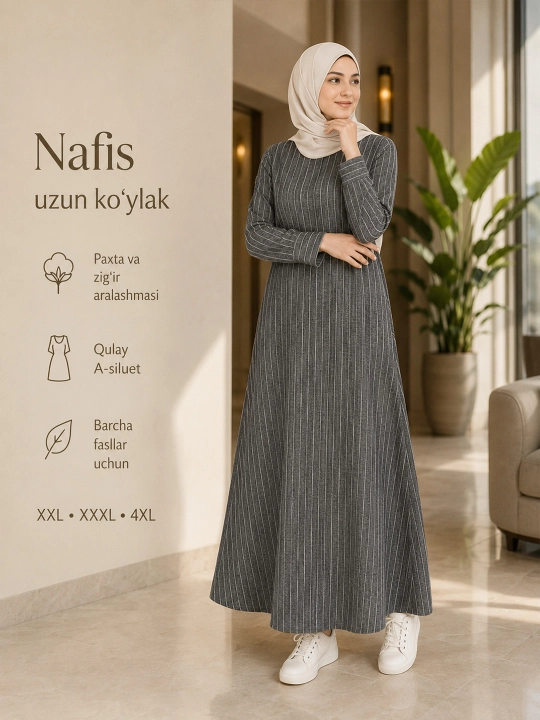 Paxta va zig'irdan tikilgan uzun yengli moda chiziqli ko'ylak