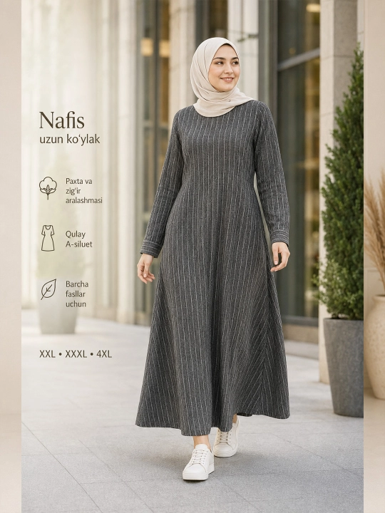 Paxta va zig'irdan tikilgan uzun yengli moda chiziqli ko'ylak