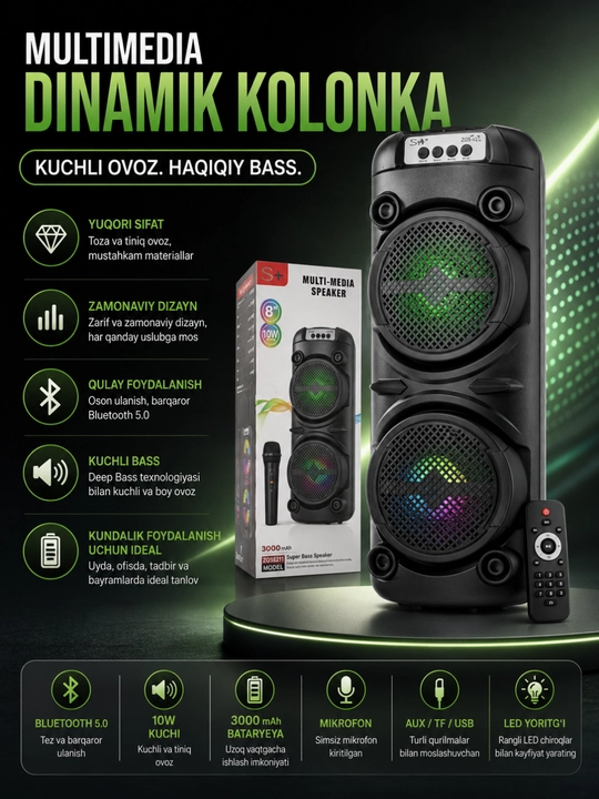 Bluetooth караоке-колонка 3000W с RGB LED, микрофоном и поддержкой USB/TF - 