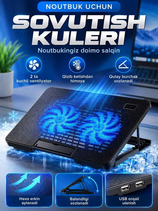 Noutbuk uchun sovutgich, LED yoritgichli sovutgich stendi - 
