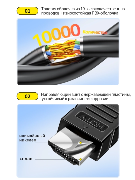HDMI-kabel 4K/60Hz nikel qoplamali ulagichlar bilan