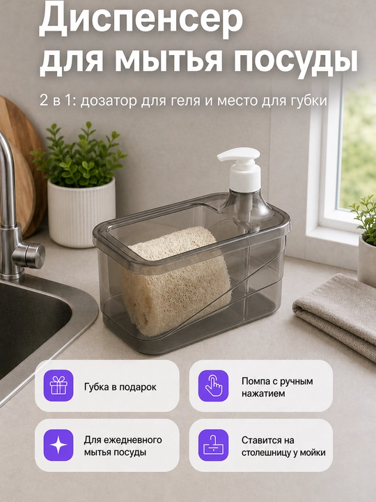 Dispenser, suyuq sovun uchun dispenser-dozator, idish yuvish uchun, gubka uchun taglik - 