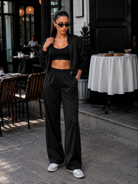 Ayollar uchun uch qismli sport komplekti, bomber, top va keng shim