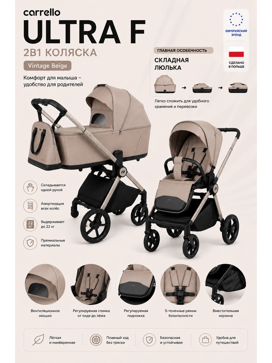 Детская коляска Carrello 2в1, модель Ultra/ Ultra F (со складной люлькой)