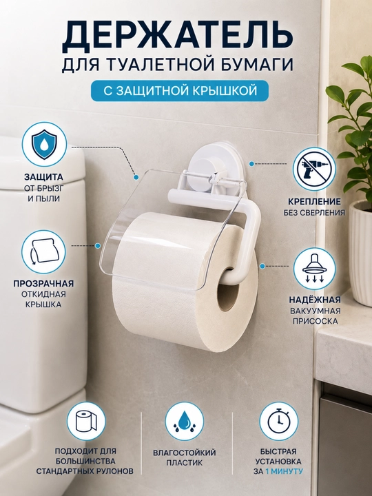 Vakuum so‘rg‘ichli himoya shaffof qopqoqli hojatxona qog‘ozi ushlagichi - 