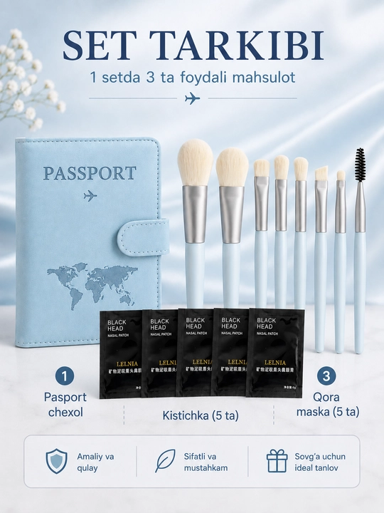 Burun uchun 5 dona qora maska, pasport chexoli va 8 ta makiyaj cho‘tkasi seti