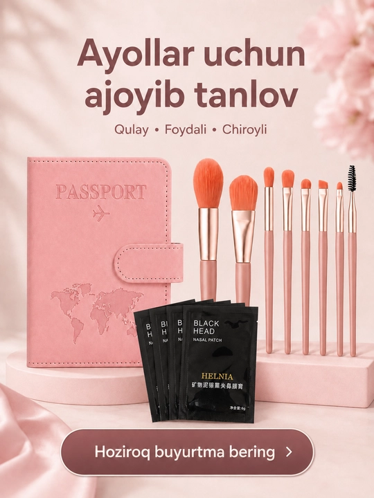 Burun uchun 5 dona qora maska, pasport chexoli va 8 ta makiyaj cho‘tkasi seti