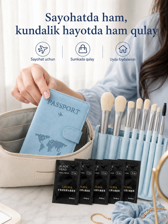 Burun uchun 5 dona qora maska, pasport chexoli va 8 ta makiyaj cho‘tkasi seti