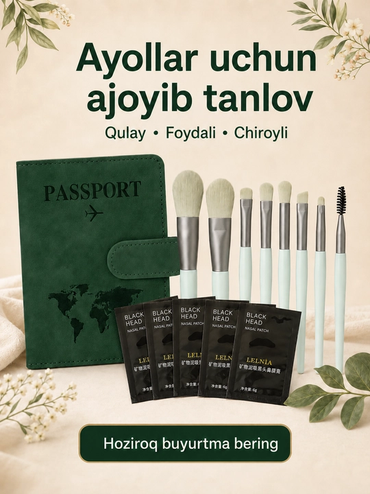Burun uchun 5 dona qora maska, pasport chexoli va 8 ta makiyaj cho‘tkasi seti - 