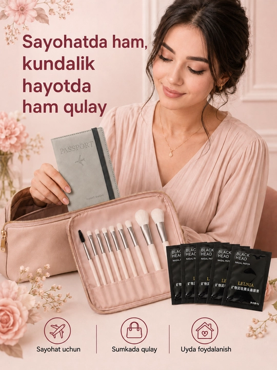 Burun uchun 5 dona qora maska, rezinkali pasport chexoli va 8 ta makiyaj cho‘tkasi seti