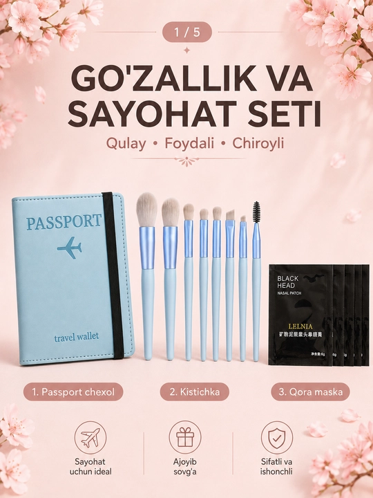 Burun uchun 5 dona qora maska, rezinkali pasport chexoli va 8 ta makiyaj cho‘tkasi seti - 