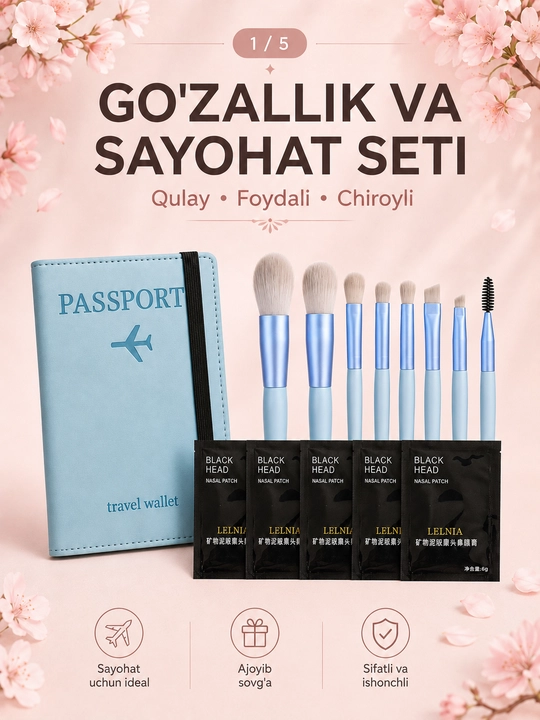 Burun uchun 5 dona qora maska, rezinkali pasport chexoli va 8 ta makiyaj cho‘tkasi seti