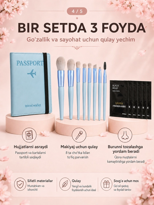 Burun uchun 5 dona qora maska, rezinkali pasport chexoli va 8 ta makiyaj cho‘tkasi seti