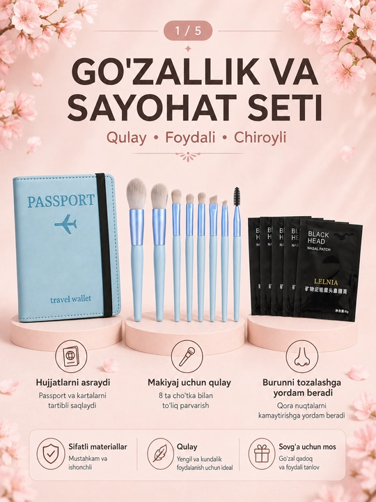 Burun uchun 5 dona qora maska, rezinkali pasport chexoli va 8 ta makiyaj cho‘tkasi seti