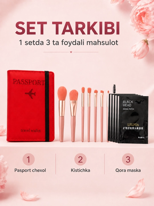 Burun uchun 5 dona qora maska, rezinkali pasport chexoli va 8 ta makiyaj cho‘tkasi seti