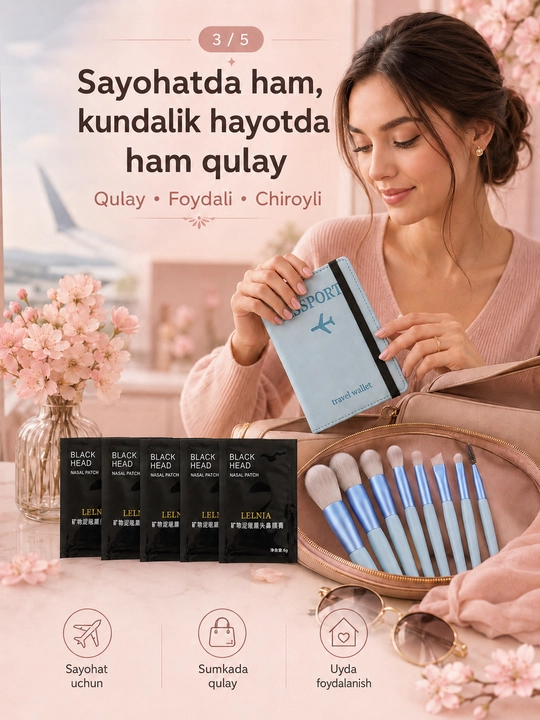 Burun uchun 5 dona qora maska, rezinkali pasport chexoli va 8 ta makiyaj cho‘tkasi seti