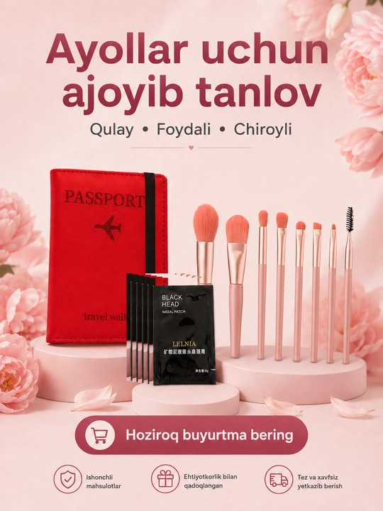 Burun uchun 5 dona qora maska, rezinkali pasport chexoli va 8 ta makiyaj cho‘tkasi seti