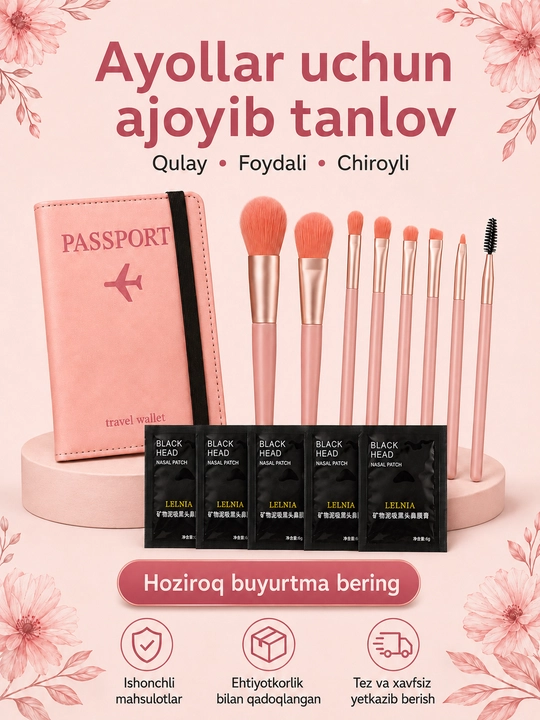 Burun uchun 5 dona qora maska, rezinkali pasport chexoli va 8 ta makiyaj cho‘tkasi seti