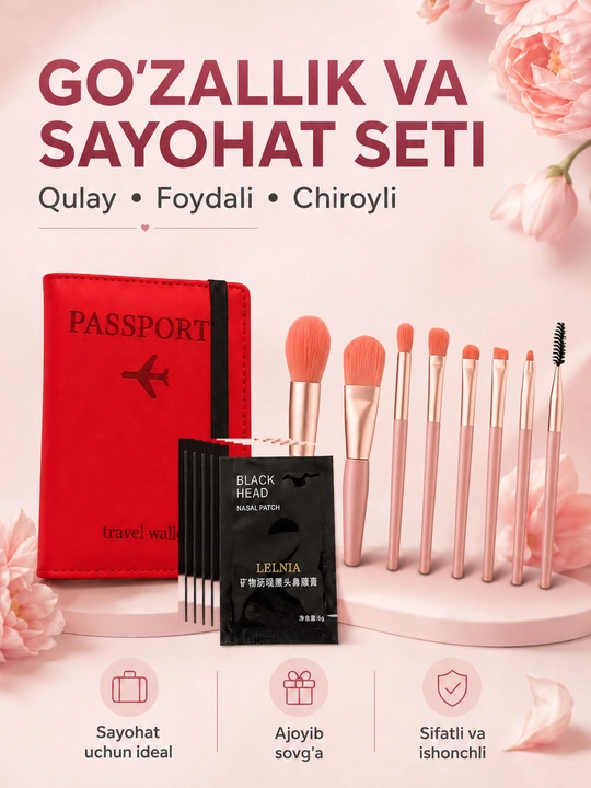 Burun uchun 5 dona qora maska, rezinkali pasport chexoli va 8 ta makiyaj cho‘tkasi seti - 