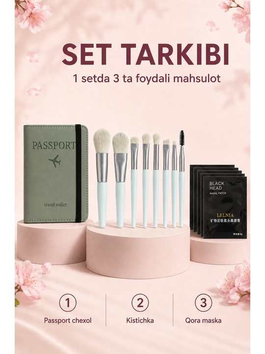Burun uchun 5 dona qora maska, rezinkali pasport chexoli va 8 ta makiyaj cho‘tkasi seti
