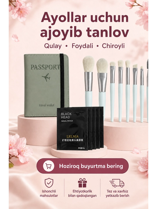 Burun uchun 5 dona qora maska, rezinkali pasport chexoli va 8 ta makiyaj cho‘tkasi seti