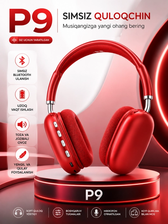 Simsiz Bluetooth P9 quloqchinlari mikrofon bilan 100 A MAX