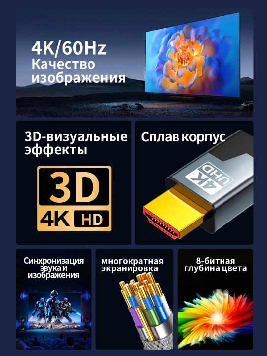 HDMI-kabel 4K/60Hz oltin qoplamali va qotishma korpusli
